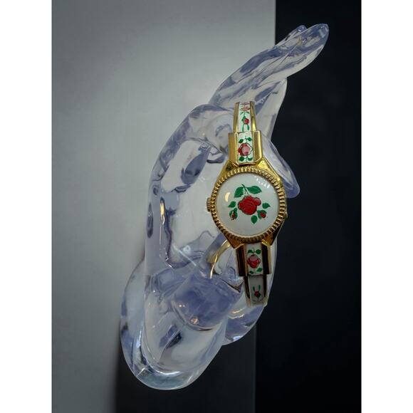 Gold Floral Bangle Analog Dress Wristwatch Round White Dial Metal 1950-70 6in main image 4